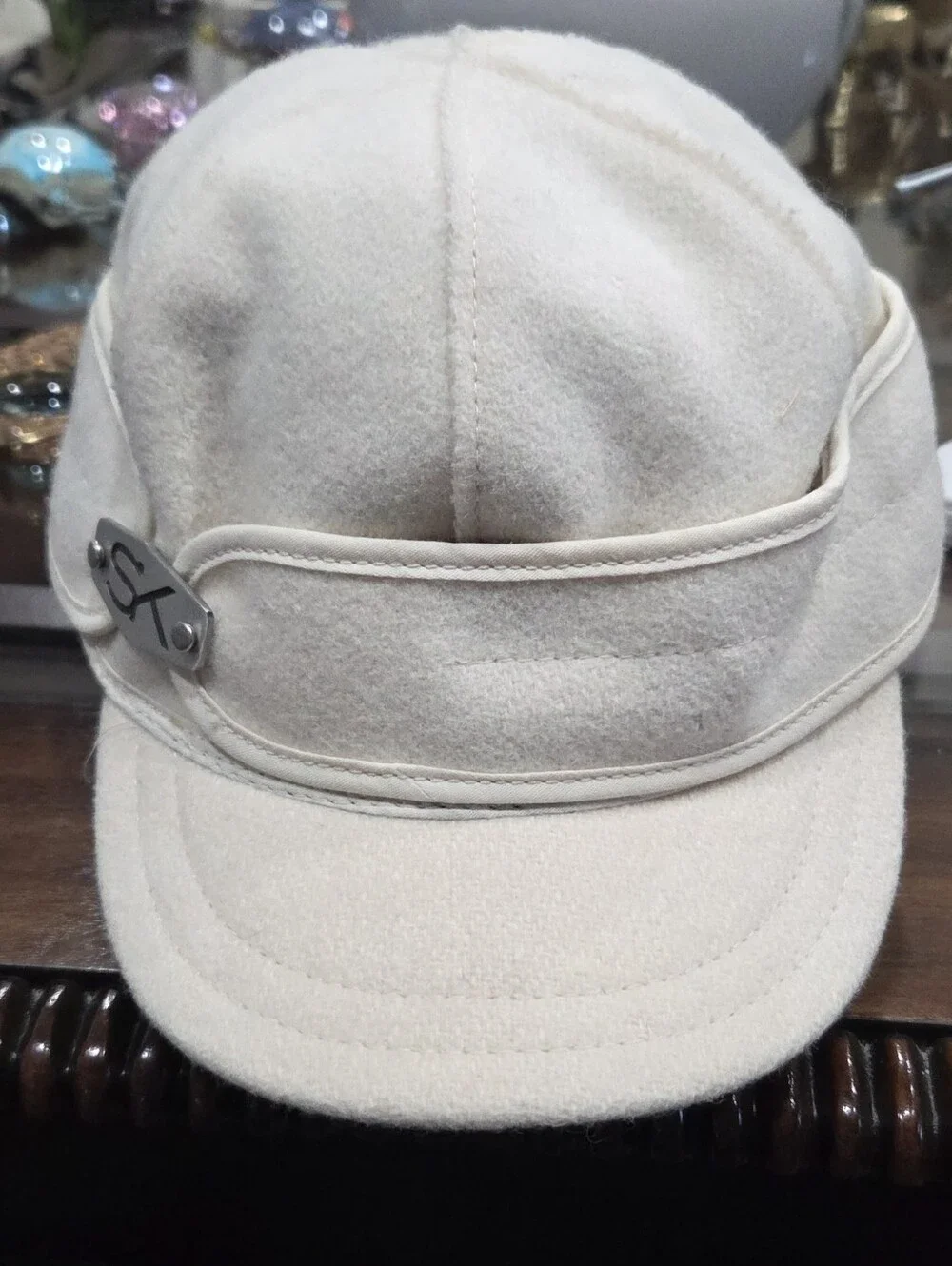 Vintage Stormy Fronee  Women’s Cream Wool Cap with Decorative Metal Tag
